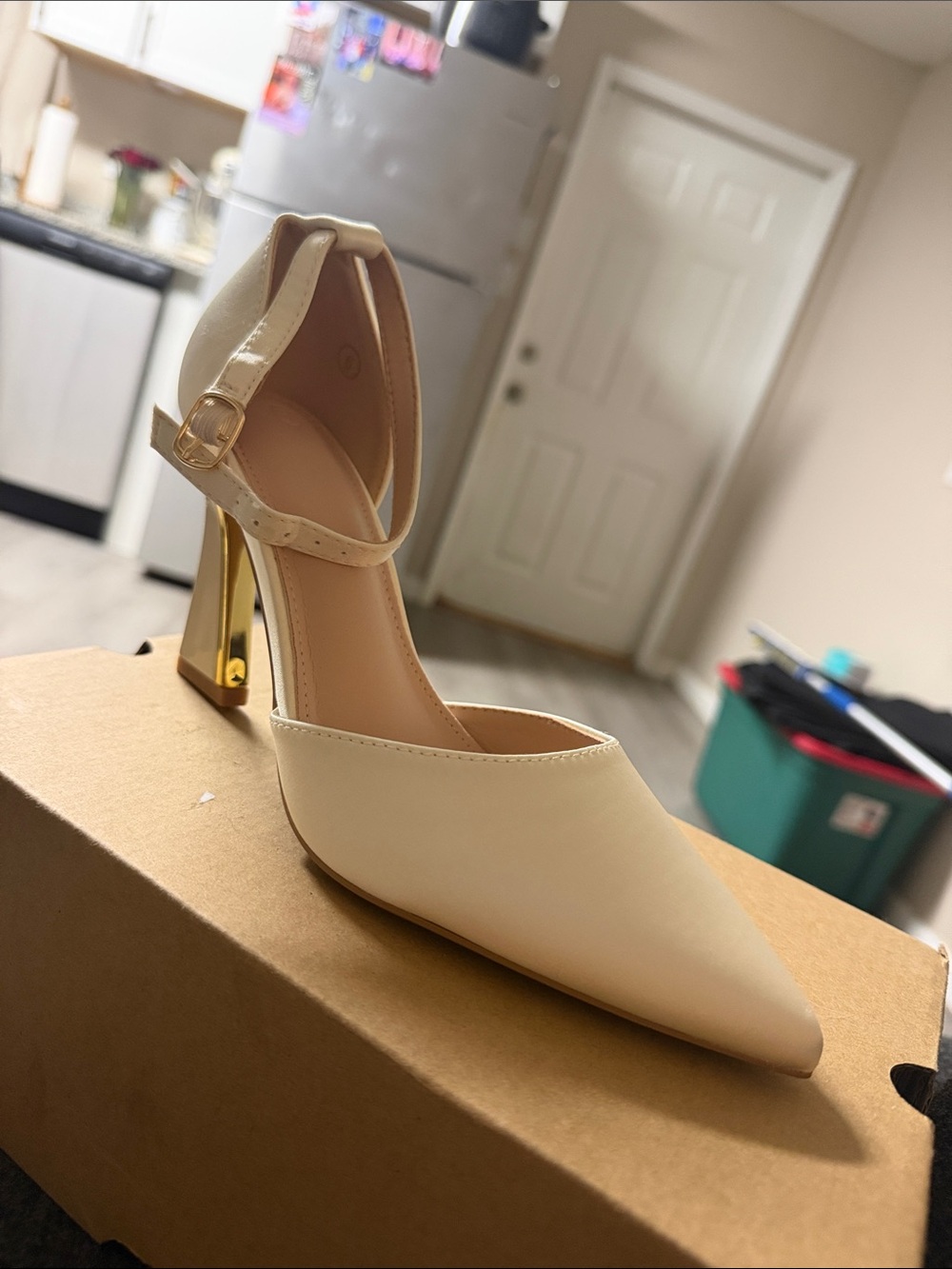 Women's Ivory Satin Pointed Toe Ankle Strap Heels with Gold Block Heel